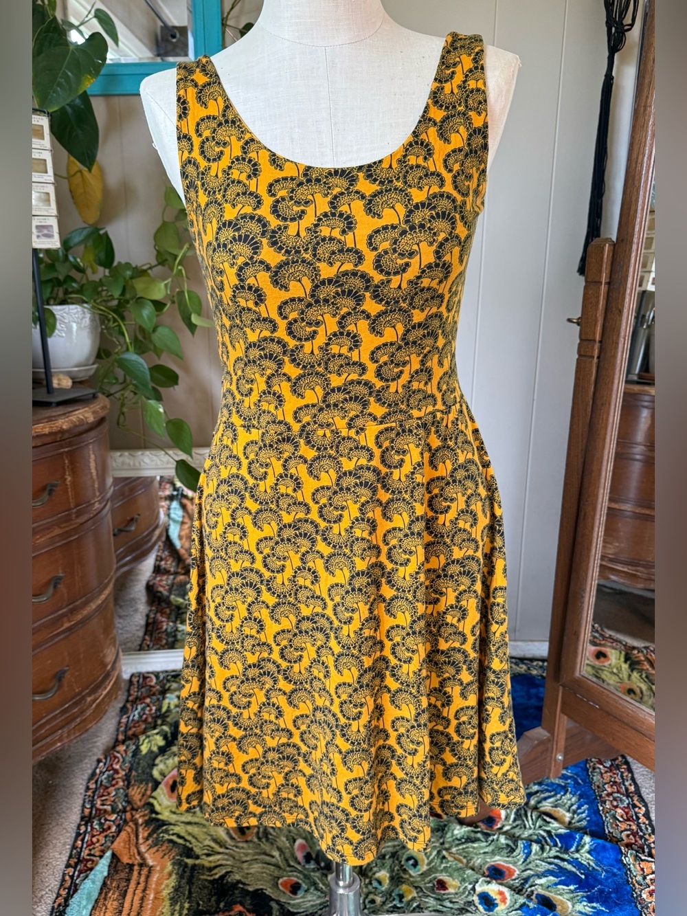Zahara Yellow Floral Print Sleeveless Dress with back cut out, Medium
